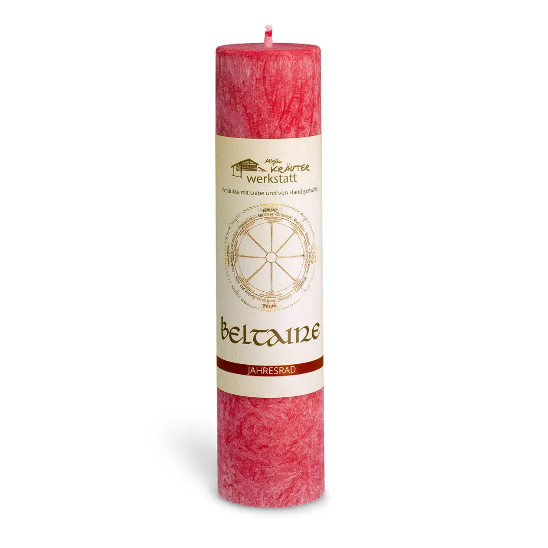 Rote Allgäuer Kräuterkerze "Beltaine" (Jahresrad), fördert Sinnlichkeit & die Freude am Leben.