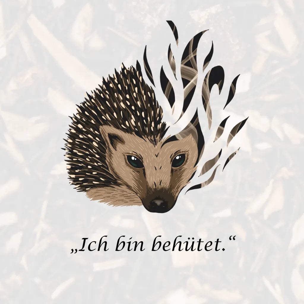 Affirmation "Ich bin behütet" mit Igel-Illustration, symbolisiert Schutz und Geborgenheit.