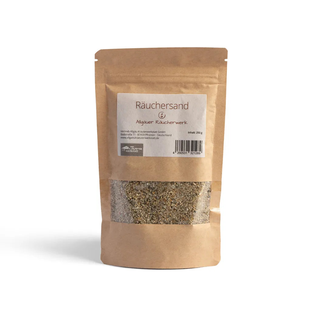 Allgäuer Räucherwerk Räuchersand (250g Quarzsand) in Papiertüte als Hitzeschutz für Räucherrituale.