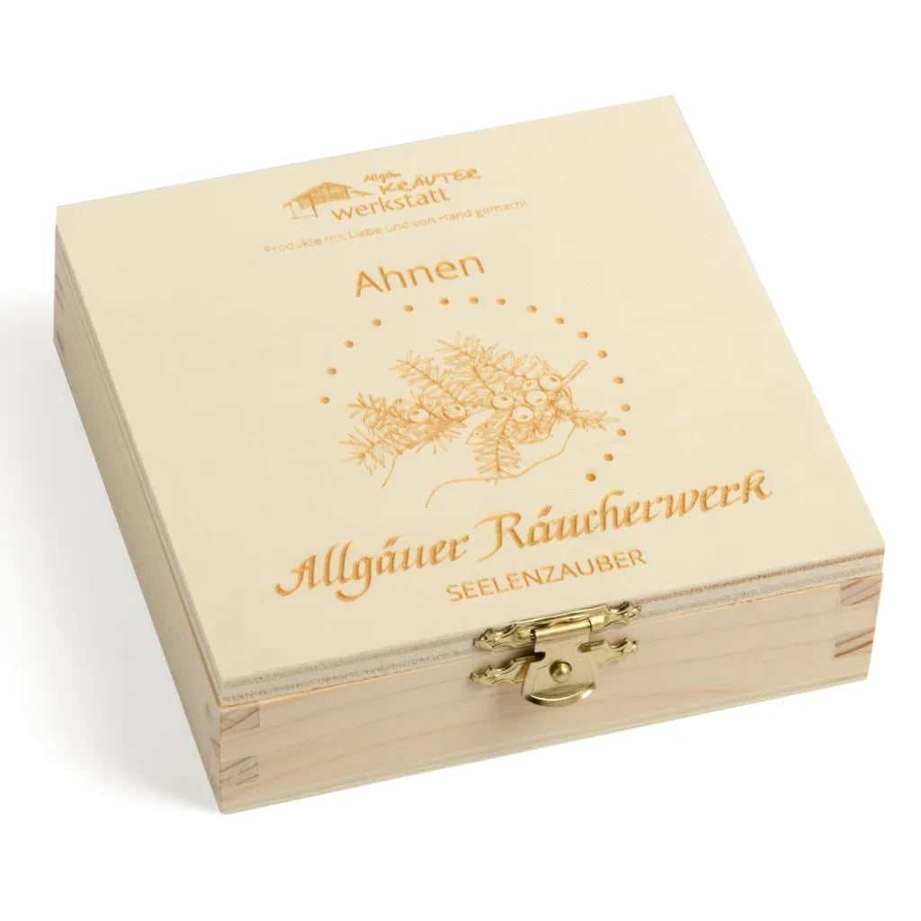 Geschlossene Holzbox "Allgäuer Räucherwerk Seelenzauber Ahnen" für Weisheit der Vorfahren.