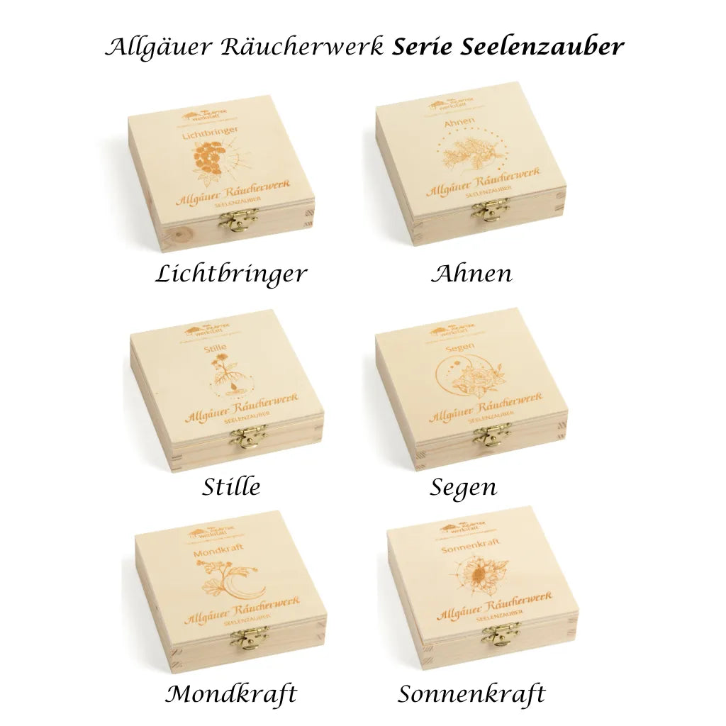 Allgäuer Räucherwerk Serie Seelenzauber: 6 Holzschatullen. Themen: Lichtbringer, Ahnen, Stille, Segen, Mondkraft, Sonnenkraft.