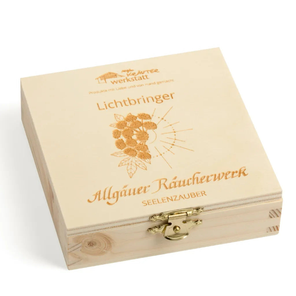 Geschlossene Holzbox "Allgäuer Räucherwerk Seelenzauber Lichtbringer" für Raum- und Aura-Reinigung.