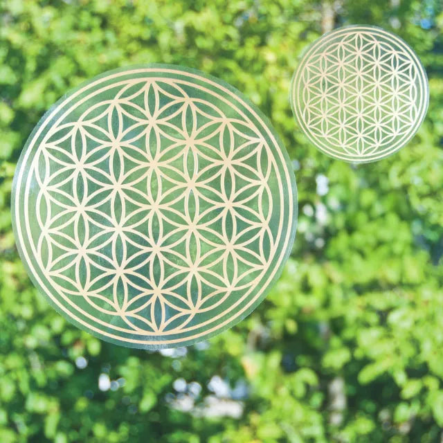 Zwei goldgeprägte Aufkleber 'Blume des Lebens' in verschiedenen Größen vor grünem Hintergrund.