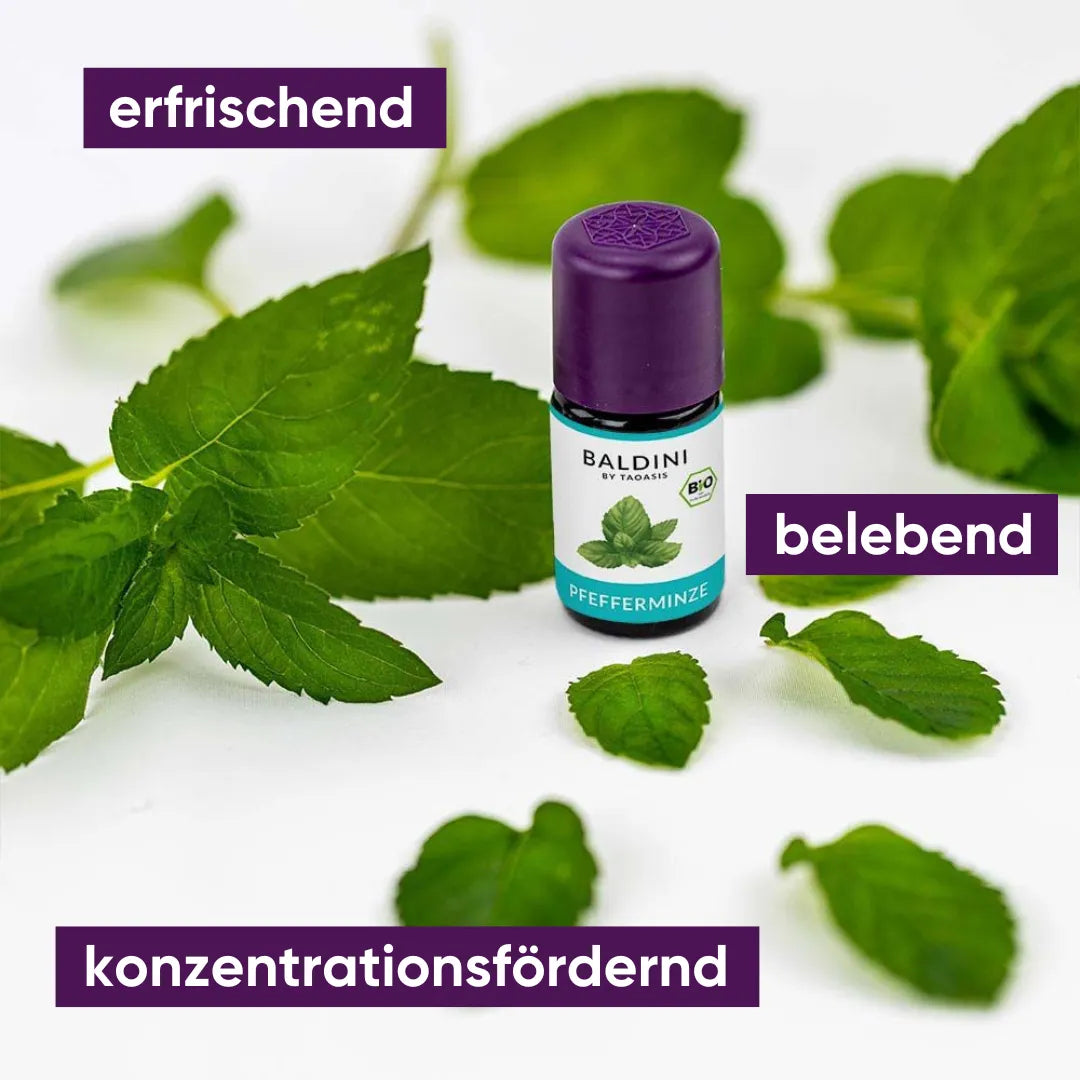 Baldini Bio Pfefferminzöl, erfrischend, belebend und konzentrationsfördernd, mit Minzblättern.