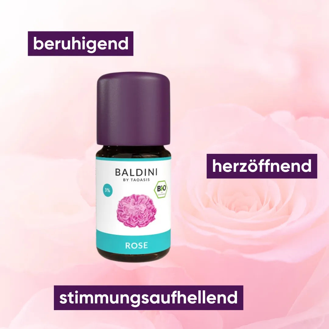 Baldini Bio Rosenöl, beruhigend, stimmungsaufhellend und herzöffnend, mit Rosenblüten.