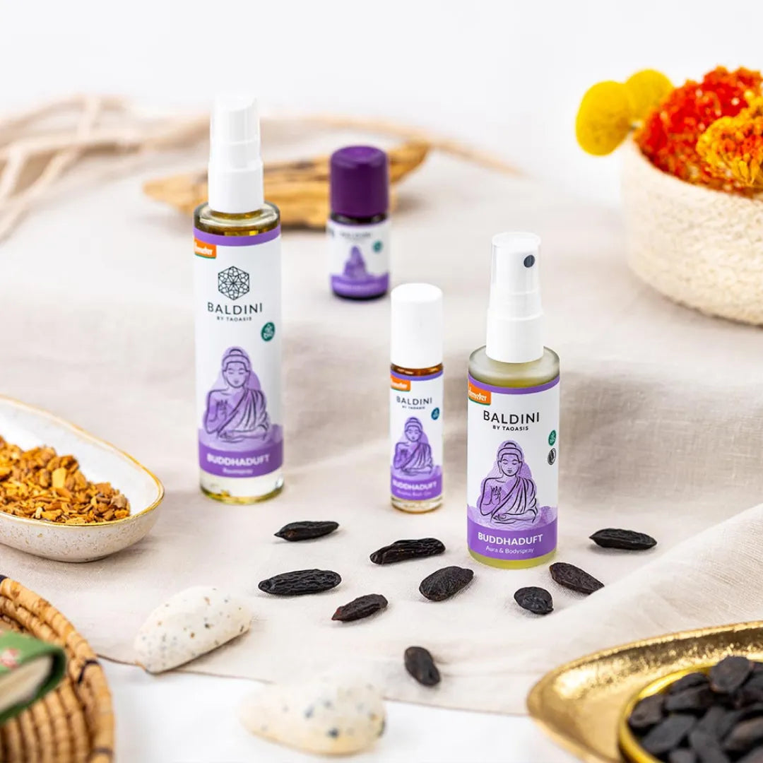 Baldini Buddhaduft Aura & Bodyspray, Roll-on und ätherisches Öl, für innere Ruhe und Balance.