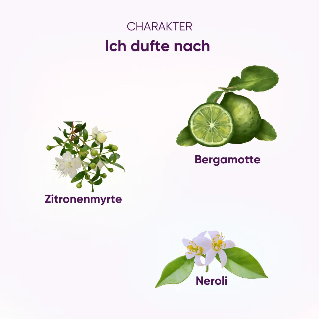 Selbstliebeduft Charakter: Komposition aus Zitronenmyrte, Bergamotte und Neroli, beruhigend.