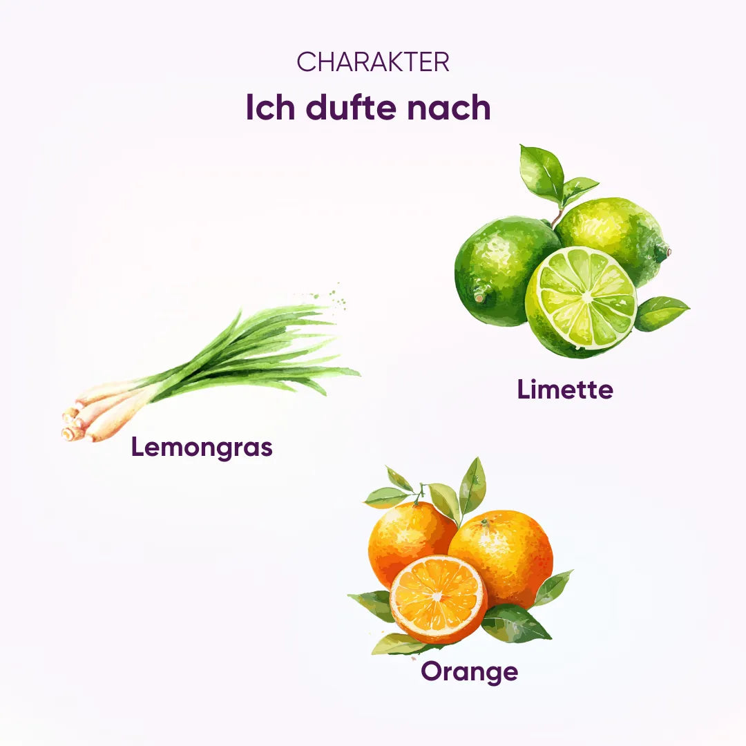 Feelkraft Duftcharakter: Komposition aus Lemongras, Limette und Orange, erfrischend und aktivierend.