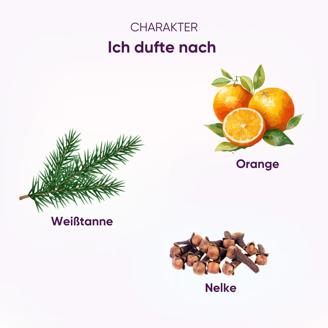 Happy Christmas Duftcharakter: Komposition aus Weißtanne, Orange und Nelke für festliche Wärme.