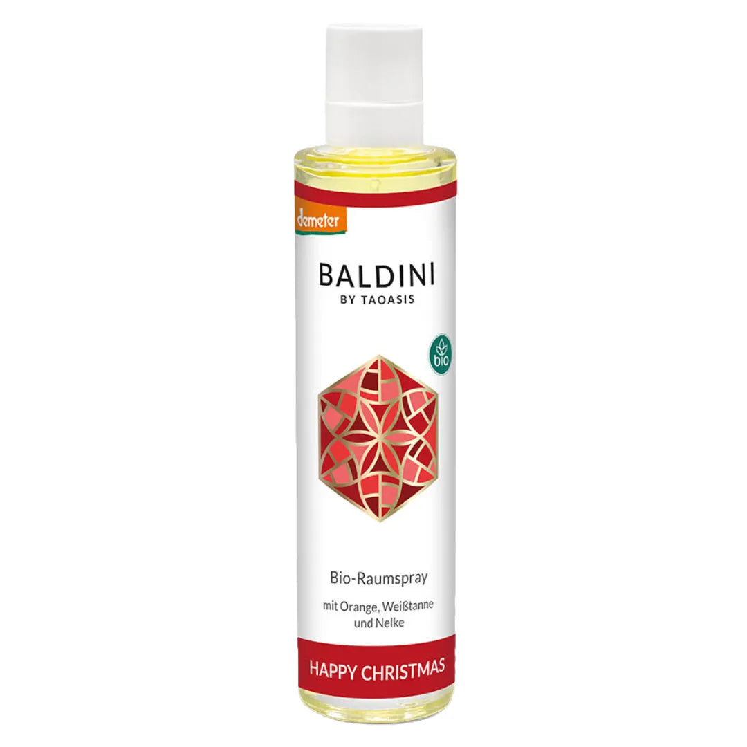 Baldini Happy Christmas Bio-Raumspray mit Orange, Weißtanne und Nelke, 50ml, Demeter-Qualität.