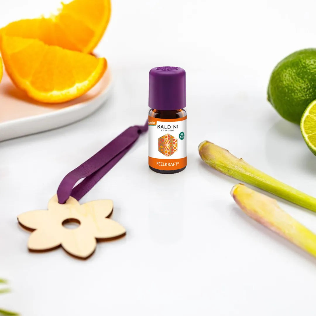 Baldini Mini-Duftset "Gute Besserung" mit Feelkraft Öl und Blütenanhänger, zitrusfrisch und belebend.