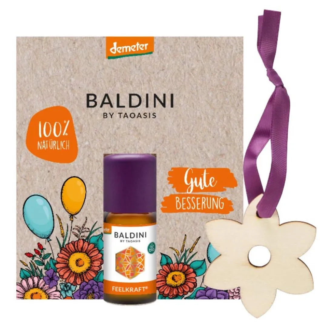 Baldini Mini-Duftset "Gute Besserung" mit Feelkraft ätherischem Öl und Holz-Blumenanhänger, 100% natürlich.