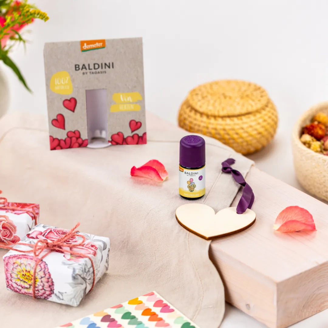 Baldini Mini-Duftset "Von Herzen" mit Feelfreude Öl und Holzherz, als Geschenk für gute Laune.