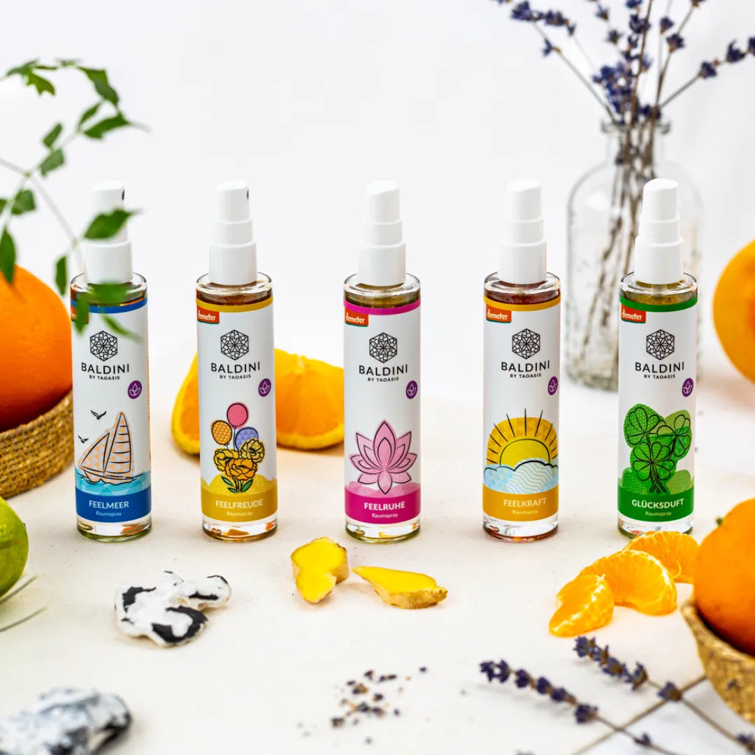 Baldini Bio Raumsprays: Feelmeer, Feelfreude, Feelruhe, Feelkraft, Glücksduft, für natürliche Raumbeduftung.