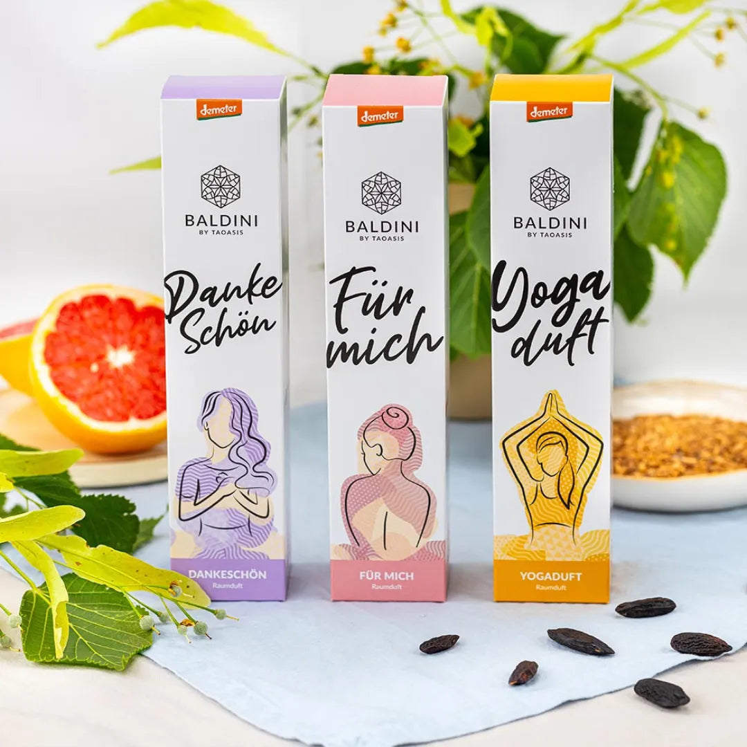 Baldini Bio Raumdüfte: Dankeschön, Für mich, Yogaduft, für harmonisches und natürlich duftendes Zuhause.