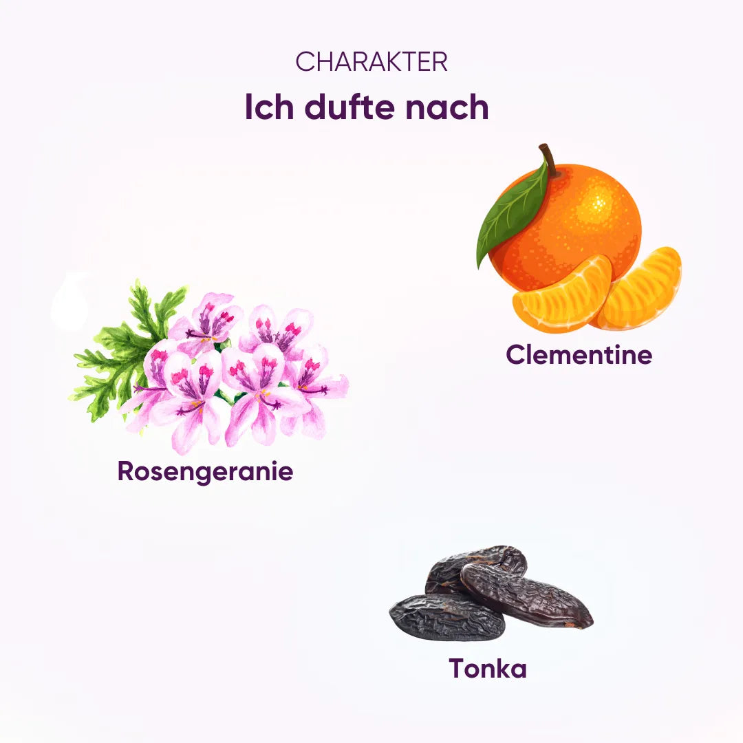 Dankeschön Duftcharakter: Komposition aus Rosengeranie, Clementine und Tonka, aufheiternd und ausgleichend.