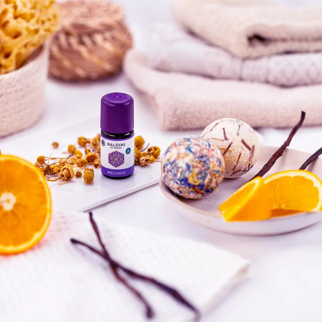 Baldini Wellness ätherisches Öl mit Badebomben, Kamille und Orange, für entspannte Wohlfühlmomente.