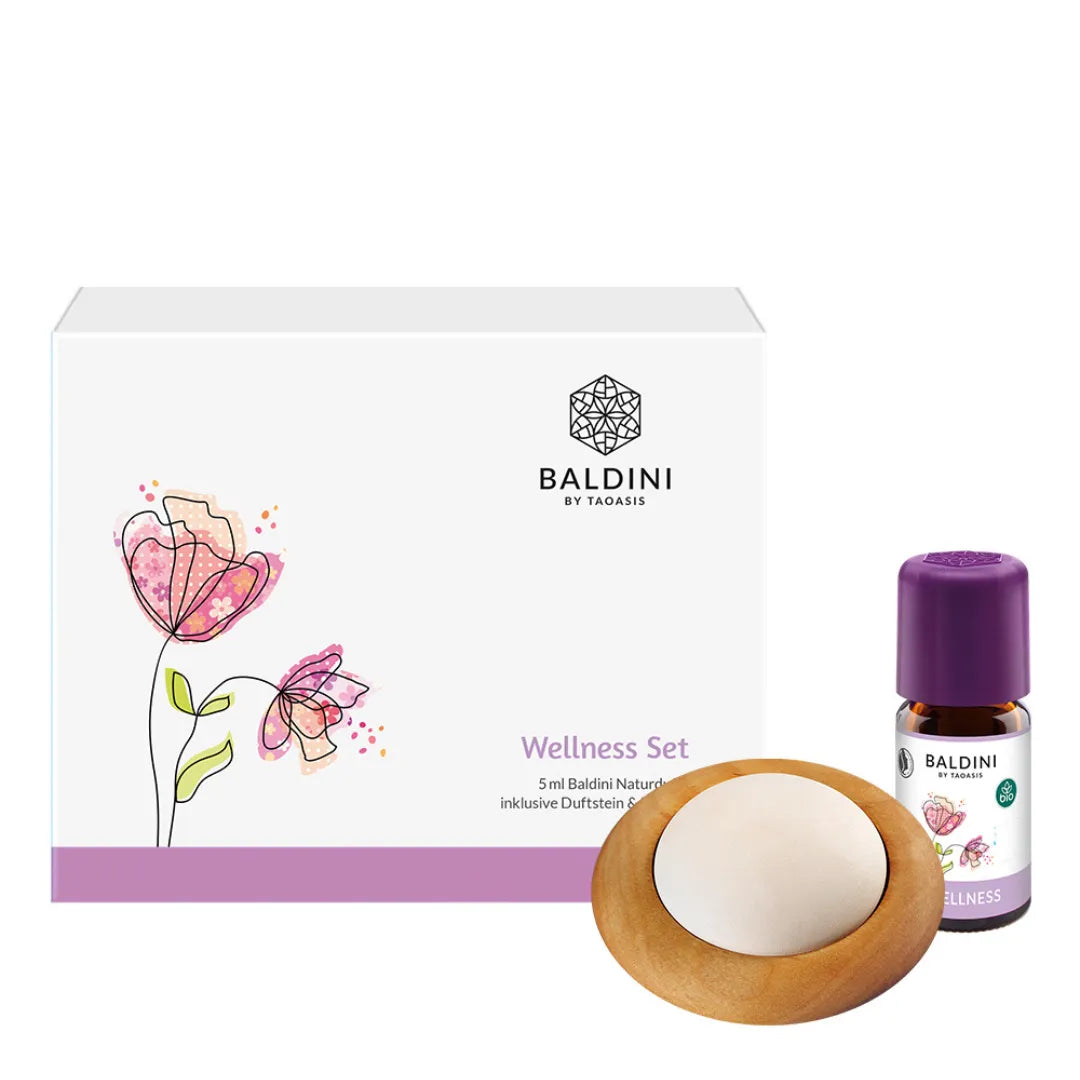 Baldini Wellness Set mit Duftstein und Holzteller, inklusive 5ml Bio-Öl, für natürliche Duftverbreitung.