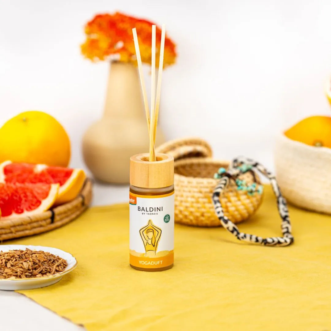 Baldini Yogaduft Raumduft-Set mit Bambusstäbchen, für harmonische Yoga-Atmosphäre.