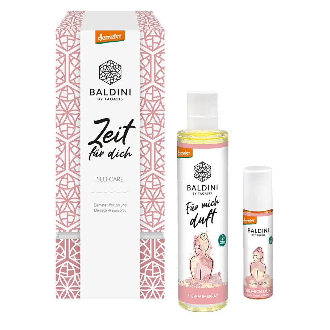 Baldini Selfcare-Duftset "Zeit für dich" mit Bio-Raumspray und Aroma Roll-On, Demeter-Qualität.
