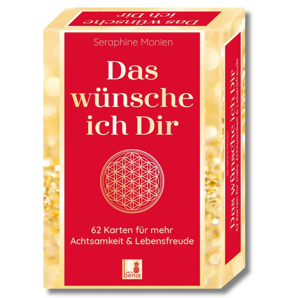 Vorderseite des Kartensets 'Das wünsche ich Dir' von Seraphine Monien, rot-goldenes Design, Blume des Lebens.