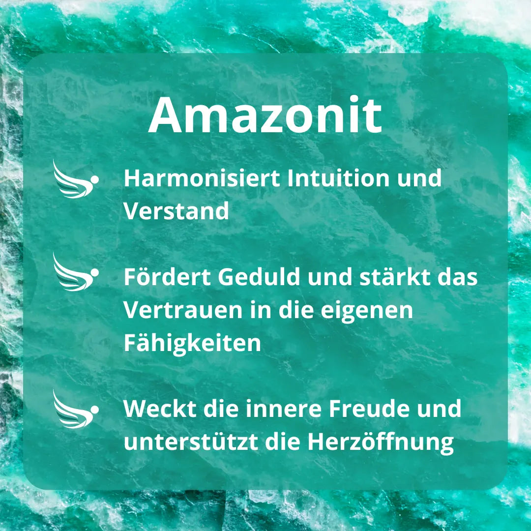 Infografik zur Wirkung von Amazonit: Harmonisiert Intuition, fördert Geduld, weckt Freude und Herzöffnung.