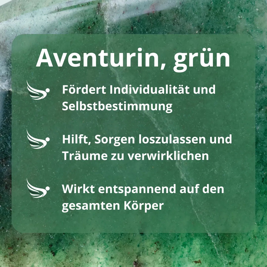 Infografik zur Wirkung von grünem Aventurin: Fördert Individualität, hilft Sorgen loszulassen, wirkt entspannend.
