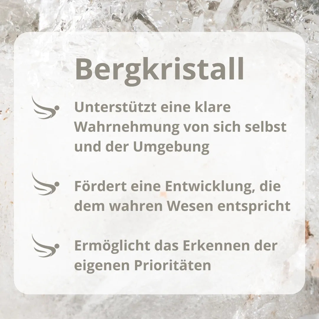 Infografik zur Wirkung von Bergkristall: Fördert klare Wahrnehmung, wahres Wesen und Prioritäten.