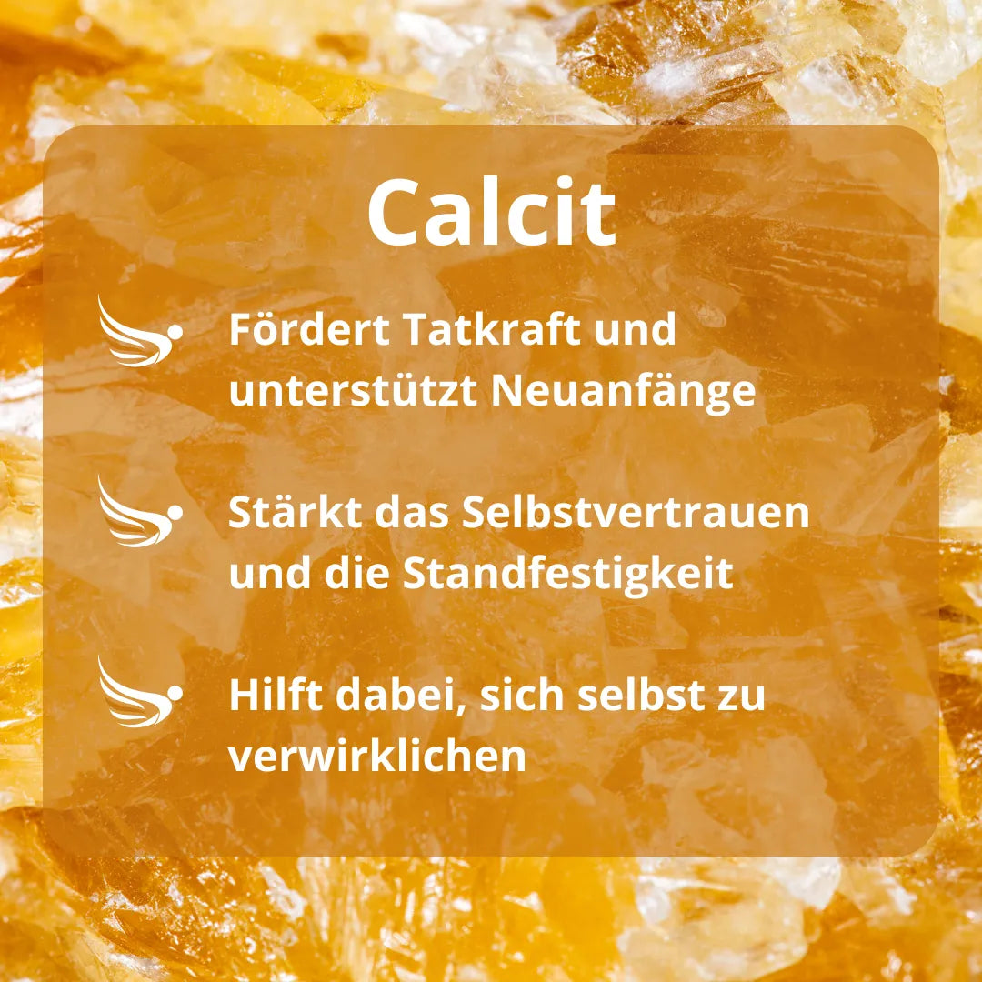 Infografik zur Wirkung von Calcit: Fördert Tatkraft, stärkt Selbstvertrauen und hilft bei Selbstverwirklichung.