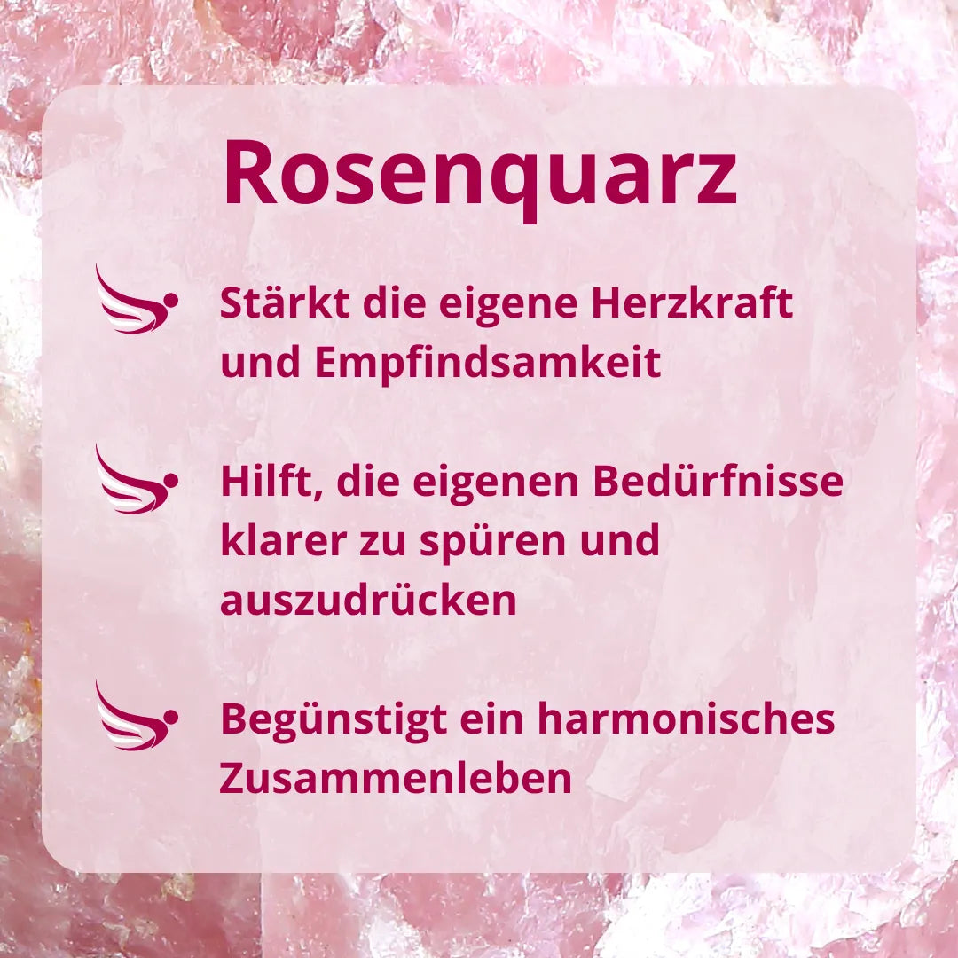 Infografik zur Wirkung von Rosenquarz: Stärkt Herzkraft, hilft Bedürfnisse zu spüren, fördert harmonisches Zusammenleben.