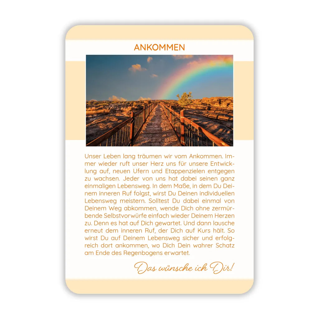 Achtsamkeitskarte "Ankommen" von Seraphine Monien mit Regenbogen-Brückenmotiv, inspirierende Botschaft für den Lebensweg.