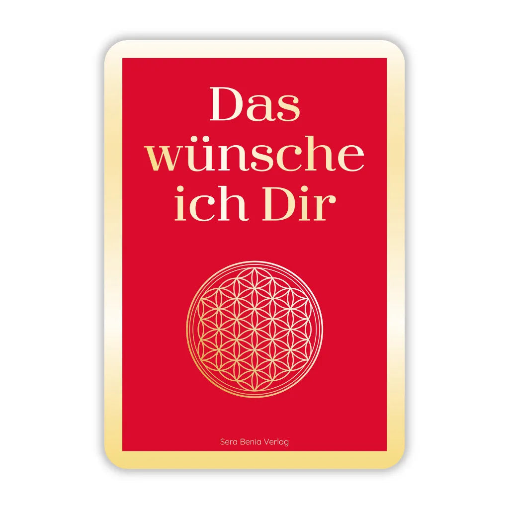 Rückseite der Achtsamkeitskarten "Das wünsche ich Dir" von Seraphine Monien in Rot mit Blume des Lebens Symbol.