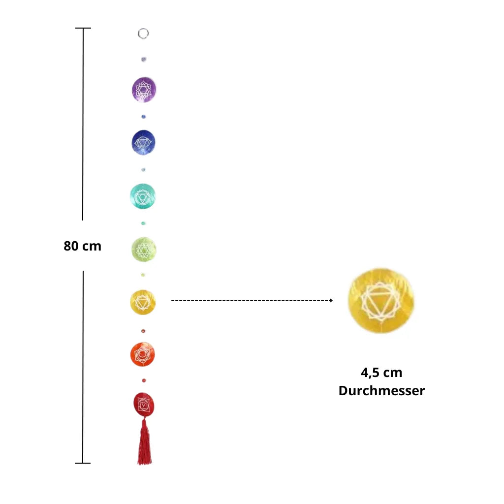 Chakra Muschelkette Maße: 80cm lang, 4,5cm Durchmesser, mit 7 Chakra-Symbolen.