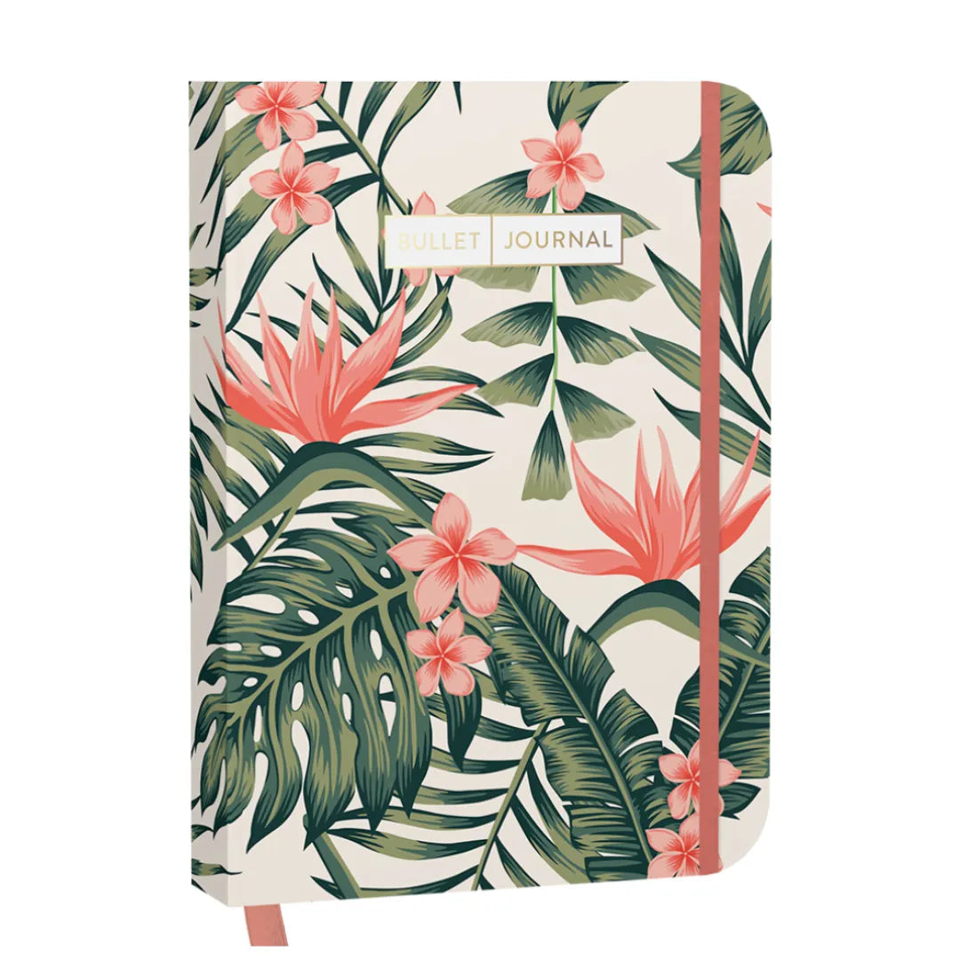 A5 Bullet Journal 'Coral Botanics' mit tropischem Blatt- und Blütenmuster, Hardcover und Goldprägung.