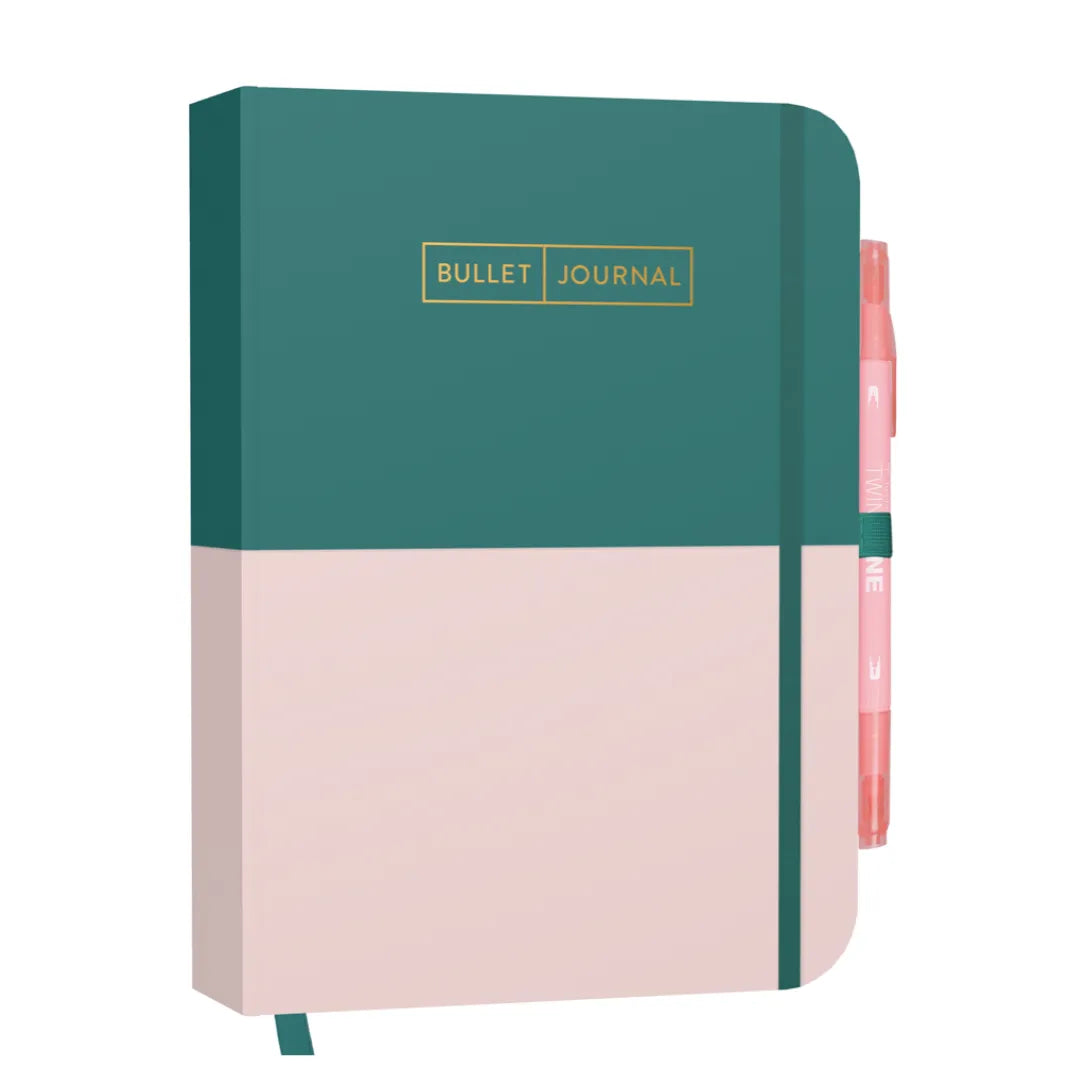 A5 Bullet Journal 'Greenery Rose' in Petrol und Rosa, mit Stiftehalter und Goldprägung.