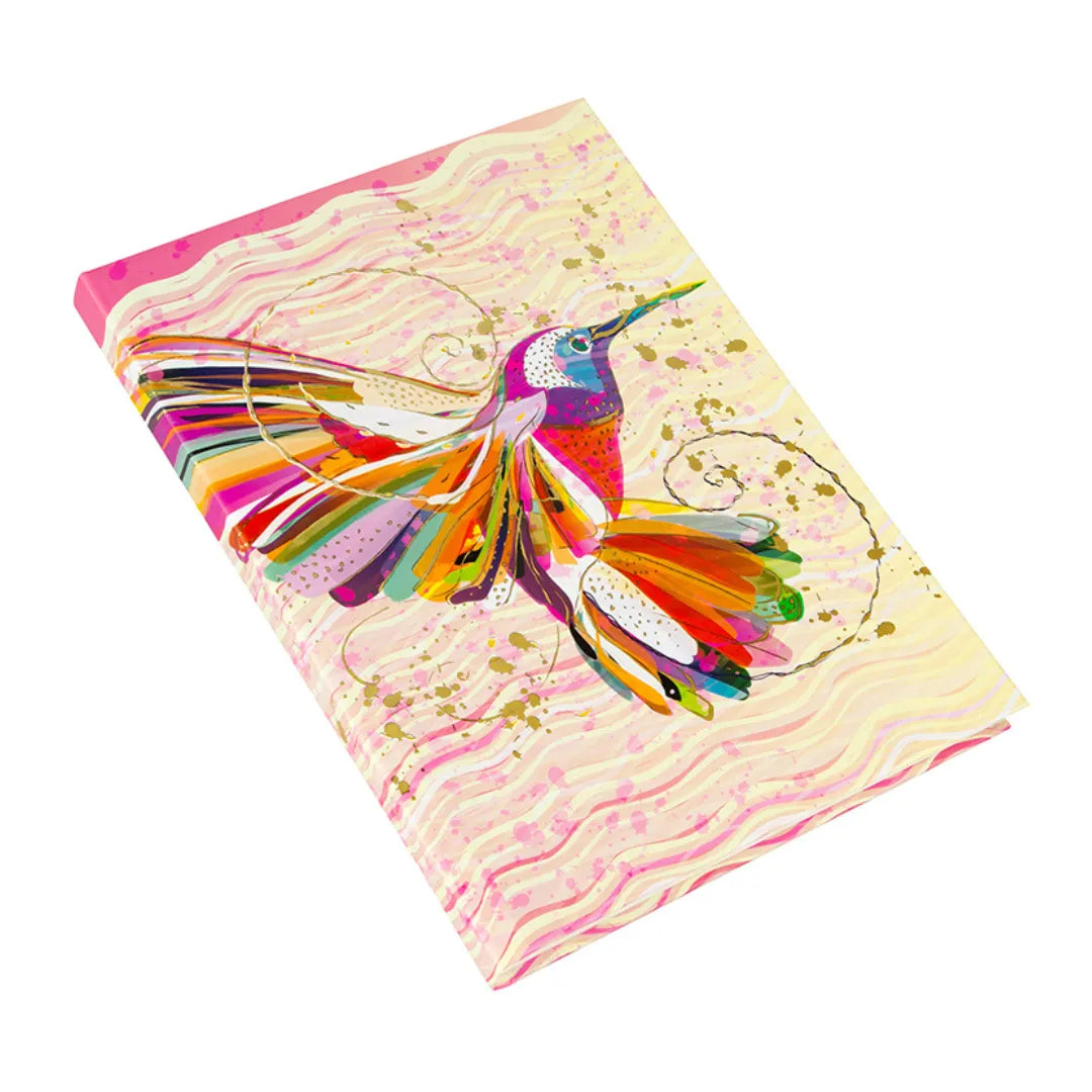 Buntes A5 Notizbuch 'Flower' mit abstraktem Kolibri-Motiv und Goldprägung, leicht geöffnet.