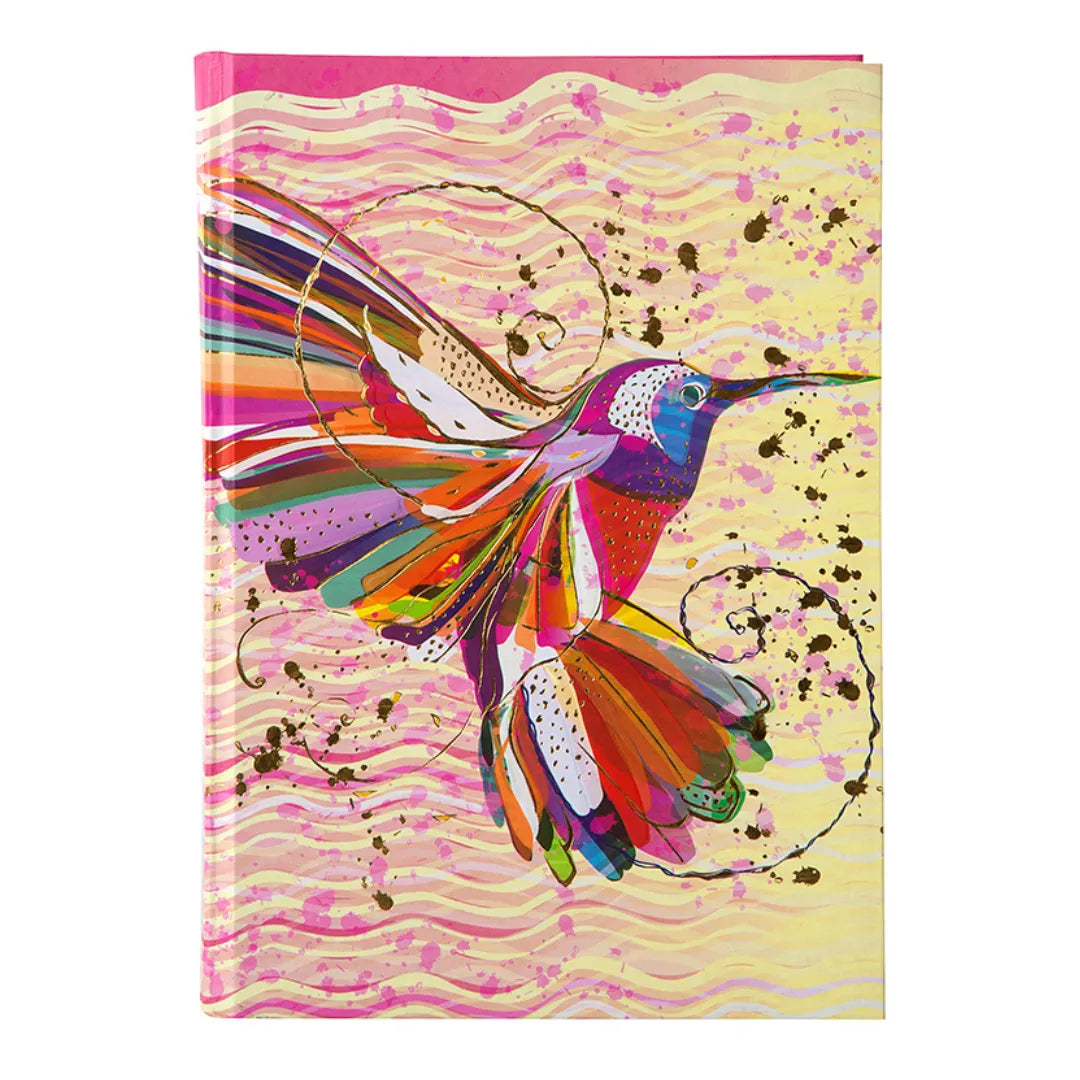Vorderseite des bunten A5 Notizbuchs 'Flower' mit Hardcover und Kolibri-Design.