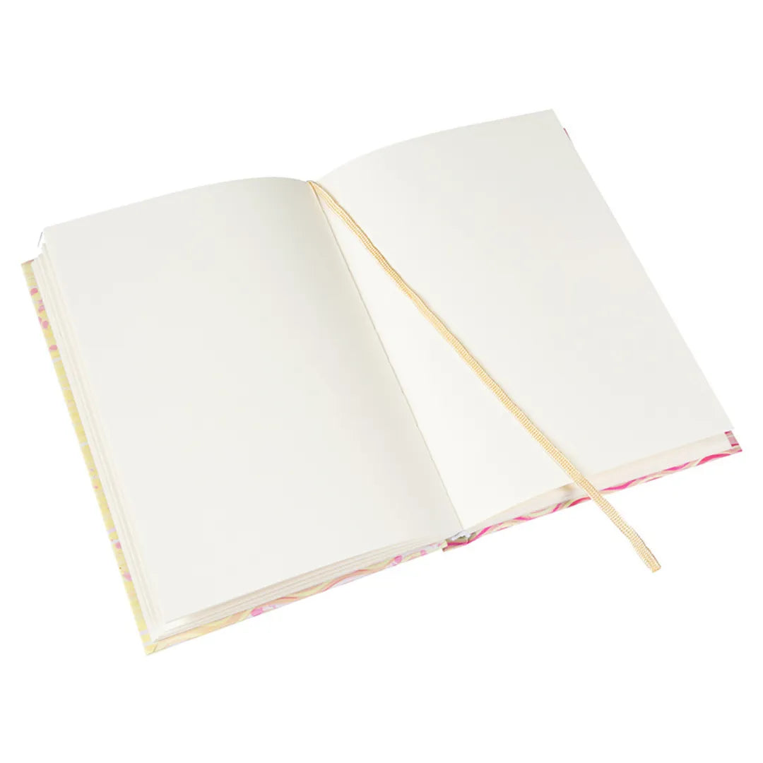 Geöffnetes A5 Notizbuch 'Flower' mit 200 blanko Seiten und Leseband.