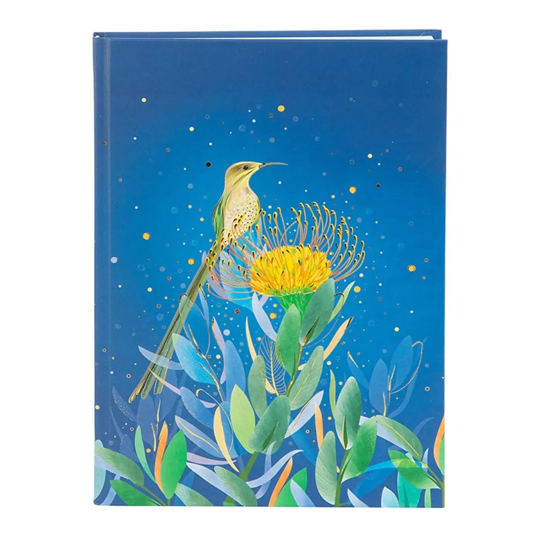 Vorderseite des dunkelblauen A5 Notizbuchs 'Sensitive' mit Hardcover und Kolibri-Motiv.