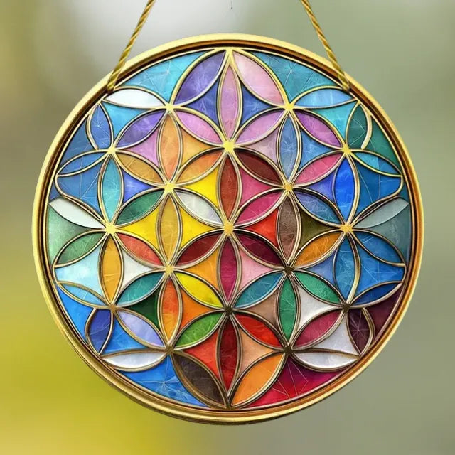 Kunstvoller Sonnenfänger "Blume des Lebens" aus Acryl, farbenfrohes Mosaik für Harmonie und positive Energie.