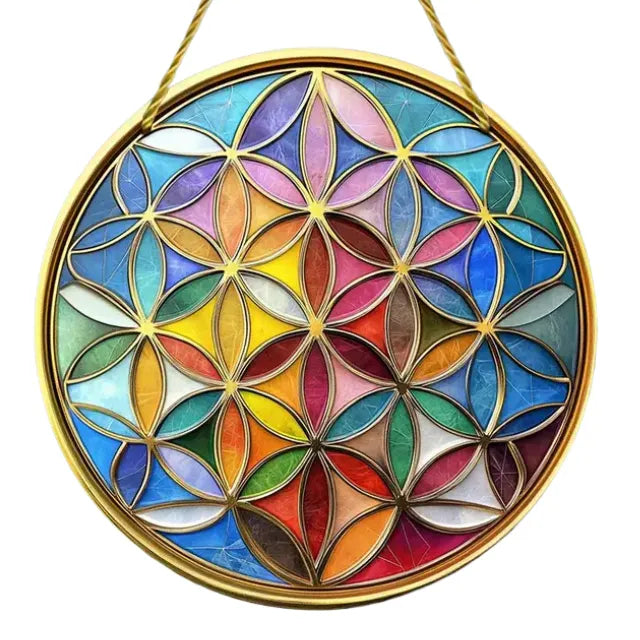Sonnenfänger "Blume des Lebens" aus Acryl, heilige Geometrie, bringt Harmonie und positive Energie in bunte Farbspiele.