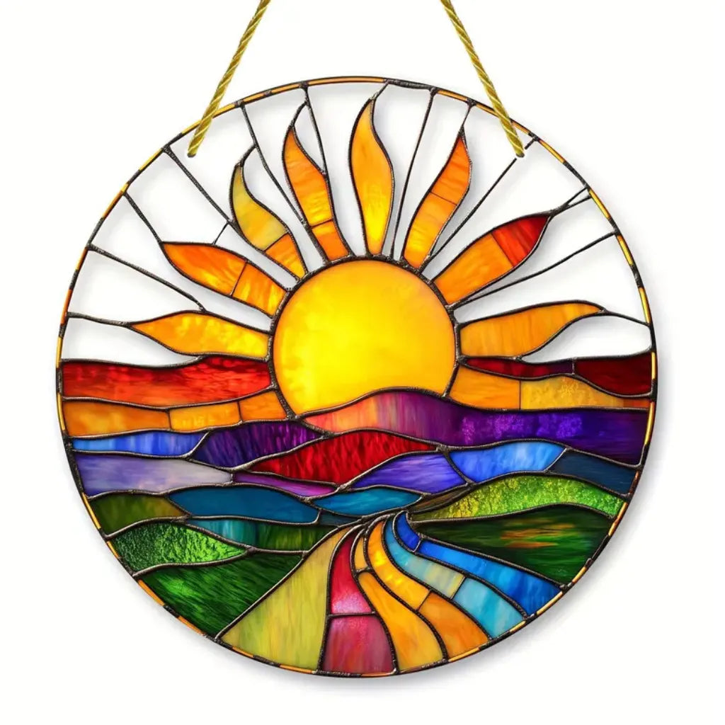 Kunstvolles Sonnenfänger Fensterbild Sonnenaufgang in leuchtenden Farben und harmonischem Design, für warme Stimmung.