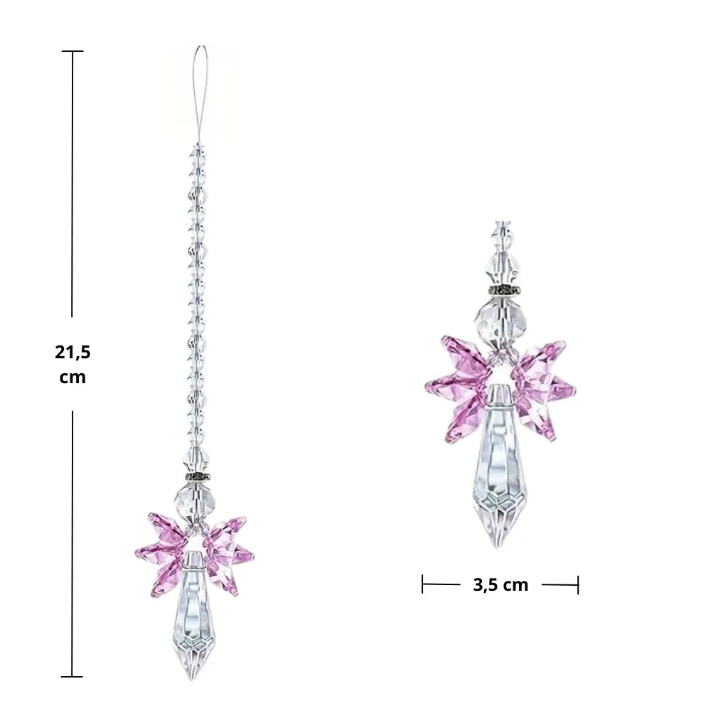 Rosa Sonnenfänger Kristall-Engel mit Maßangaben (21,5 cm) für Licht und Glanz, bringt Schutz und Harmonie.