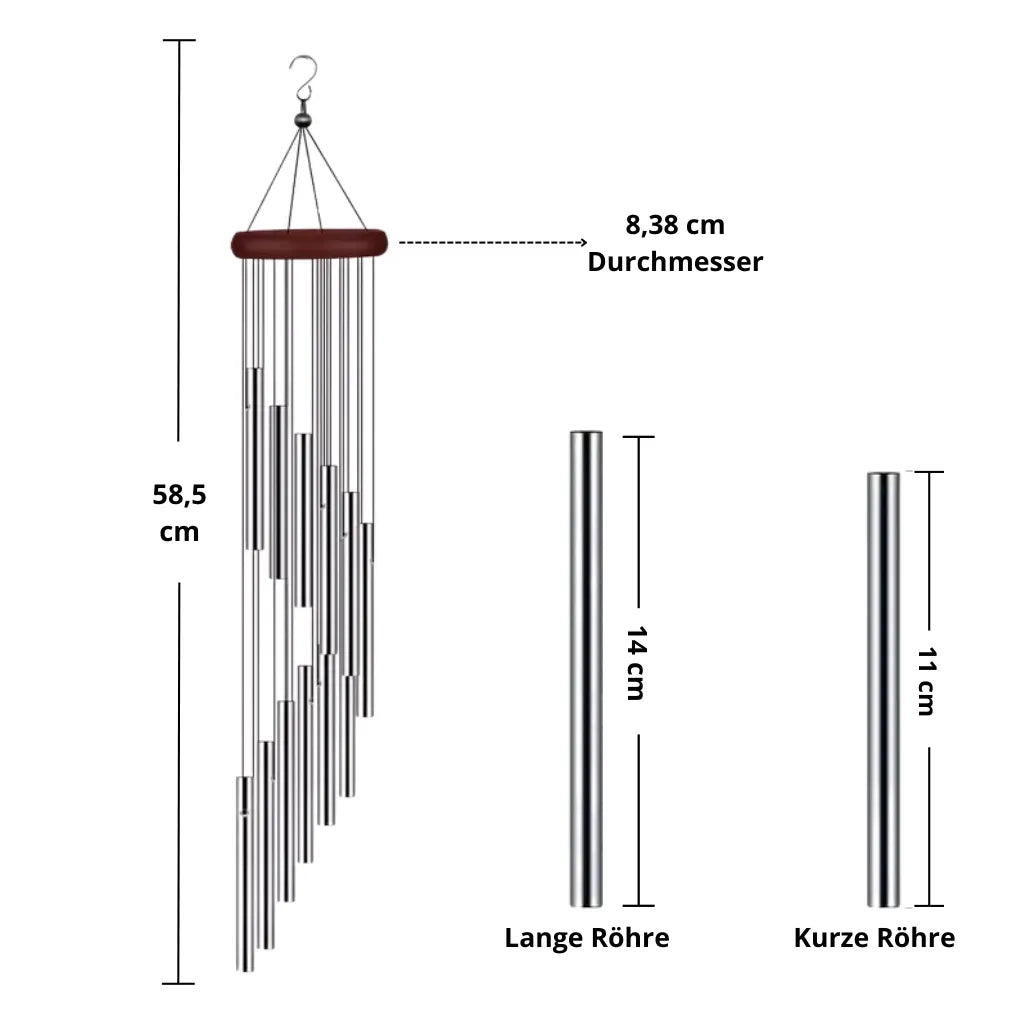 Technische Zeichnung des Spiral-Windspiels mit Maßen: 58,5 cm Länge, 8,38 cm Durchmesser, Röhrenlängen.