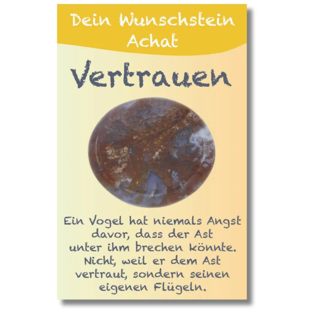 Brauner Achat Wunschstein auf Karte für Vertrauen, mit Spruch "Ein Vogel hat niemals Angst...".