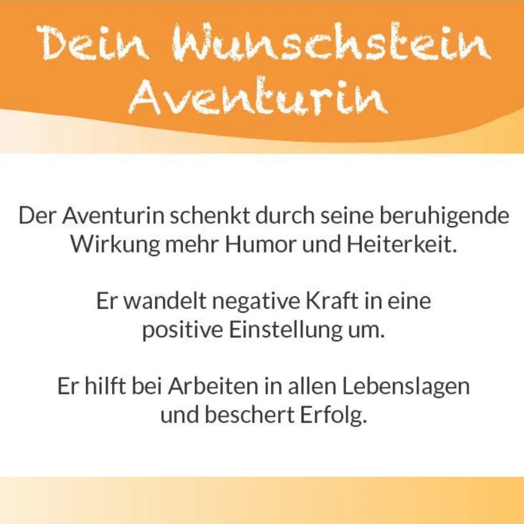 Textkarte zum Aventurin Wunschstein: "Der Aventurin schenkt durch seine beruhigende Wirkung Humor." Bedeutung.