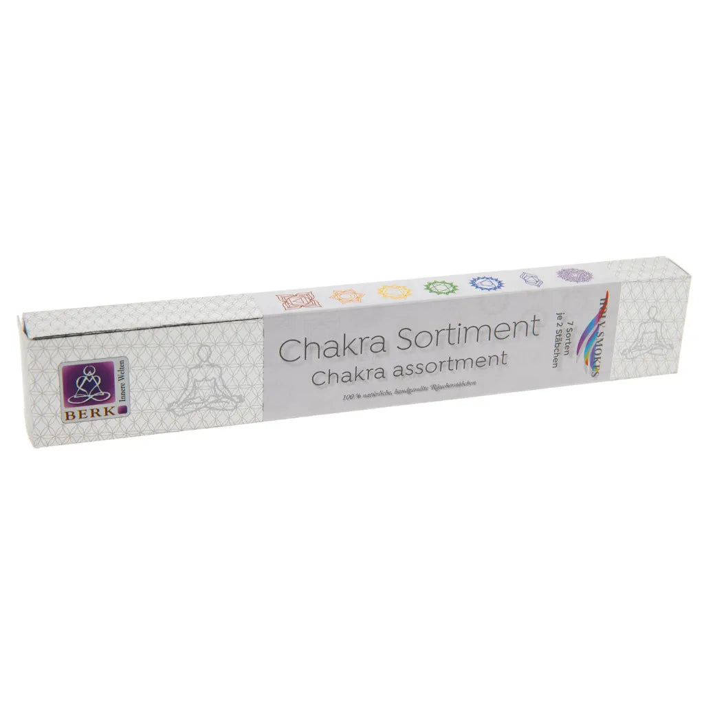 BERK Chakra Sortiment Räucherstäbchen Packung, 7 Düfte je 2 Stäbchen, 100% natürliche, handgerollte Räucherstäbchen.