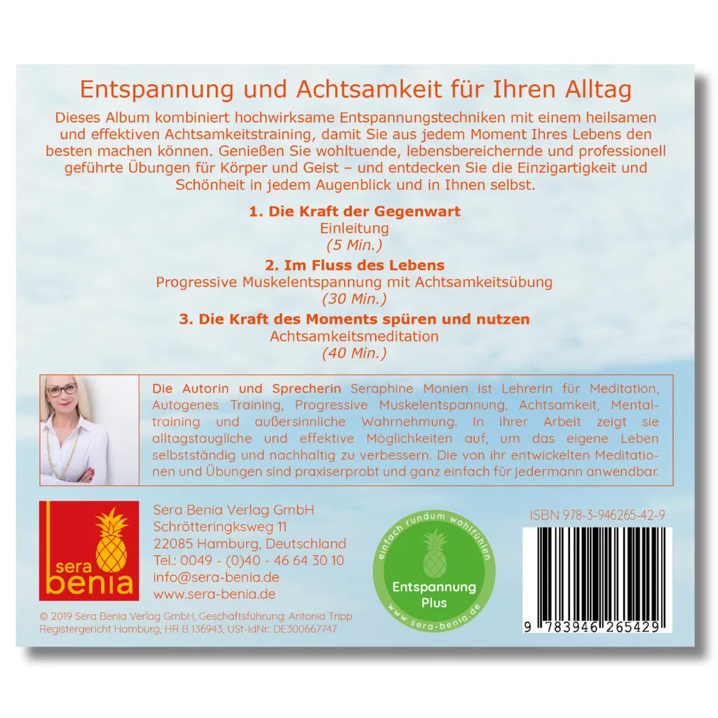 Dein Leben ist JETZT Album Rückseite: Achtsamkeitsmeditation, Progressive Muskelentspannung für Gelassenheit & Präsenz.