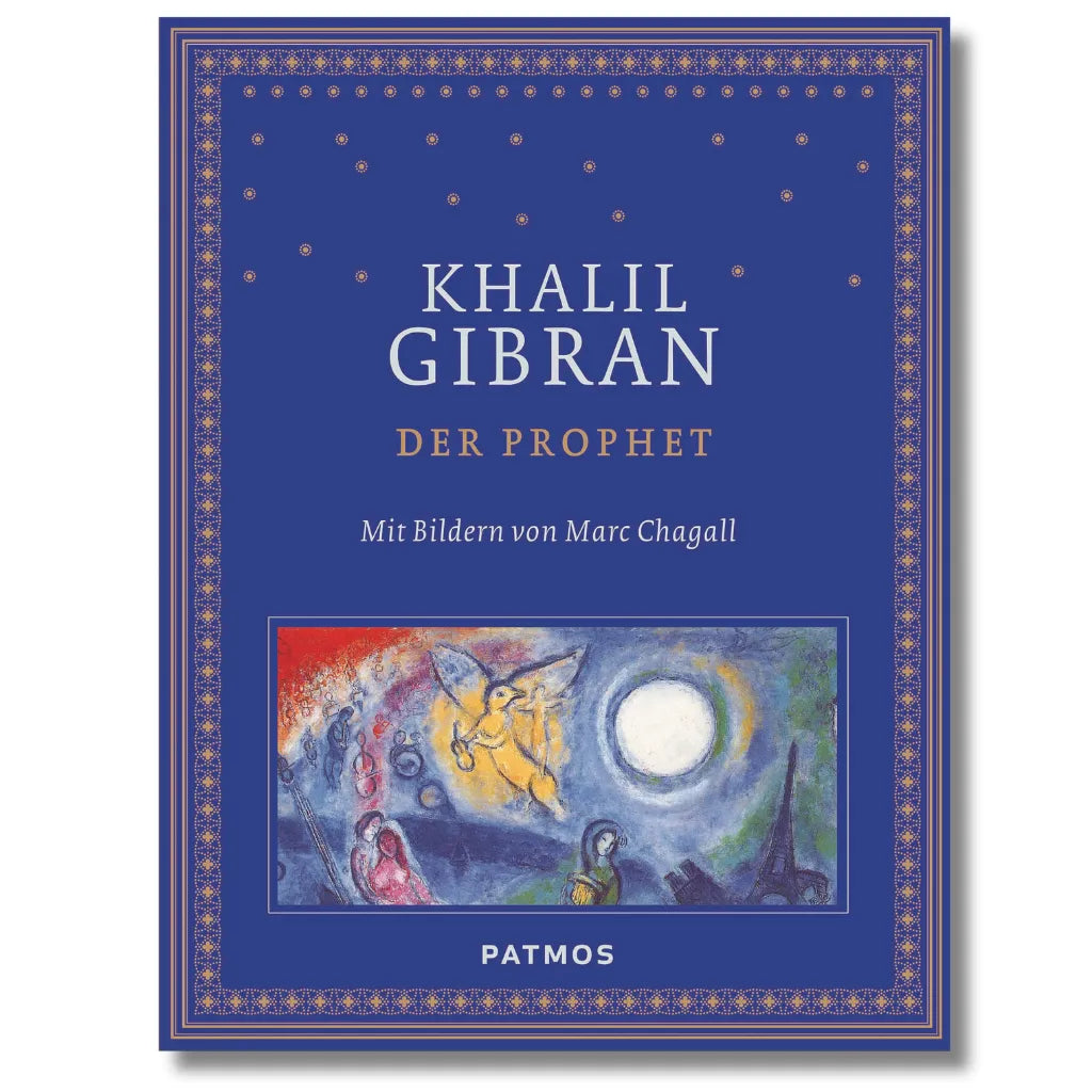Buchcover Khalil Gibran Der Prophet: Dunkelblau, Gold, Chagall Illustration. Spiritueller Klassiker.