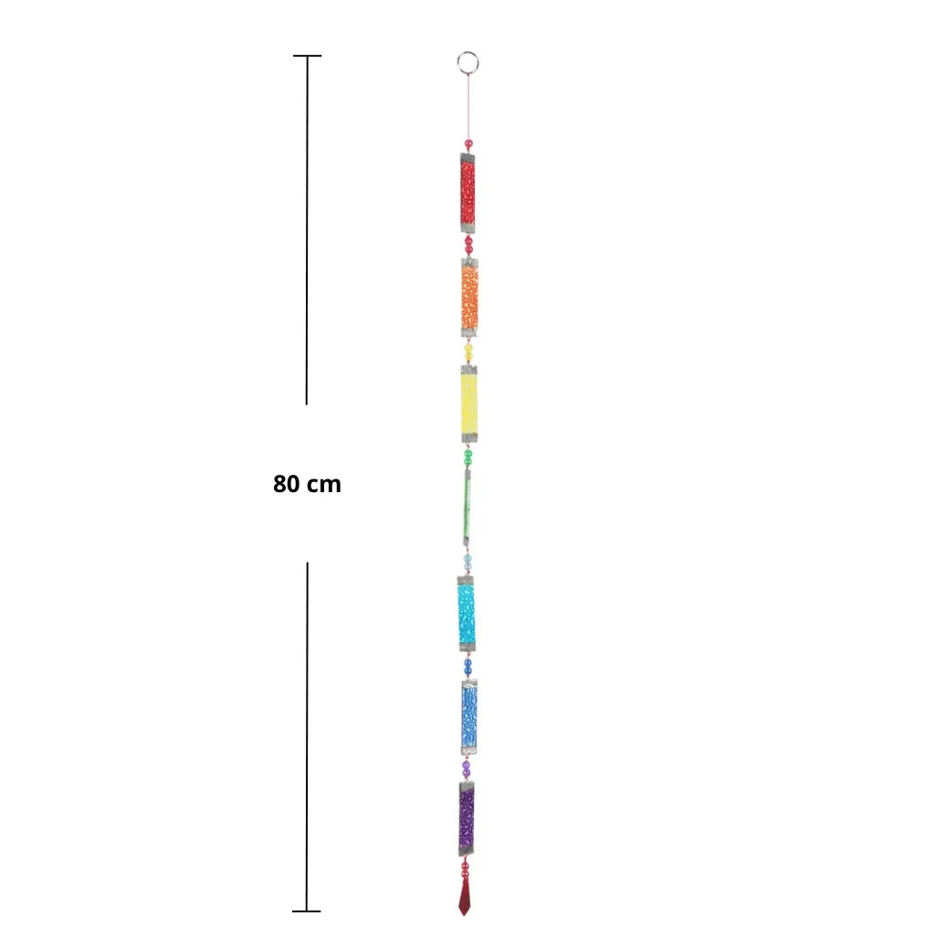 Glaskette "Regenbogen" mit genauer Längenangabe von 80 cm. Die vertikale Anordnung der bunten Glasröhrchen ist deutlich sichtbar, ideal für die Planung Ihrer Fensterdekoration.